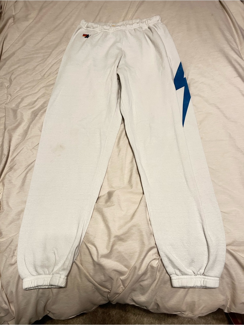 Aviator Nation White Sweatpants with Blue Lightning Bolt